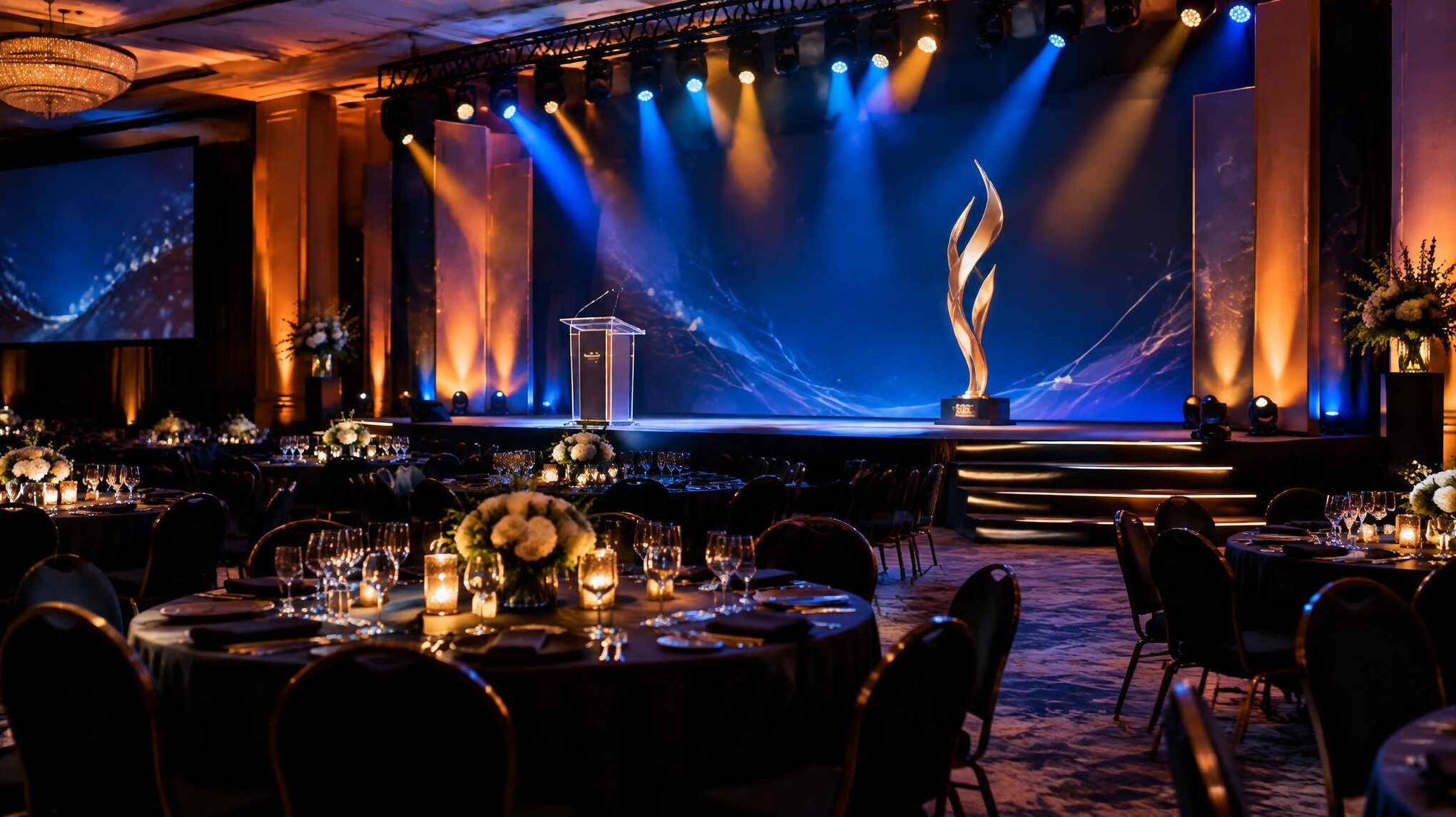 Elegant gala dinner stage with dramatic lighting for a corporate awards night