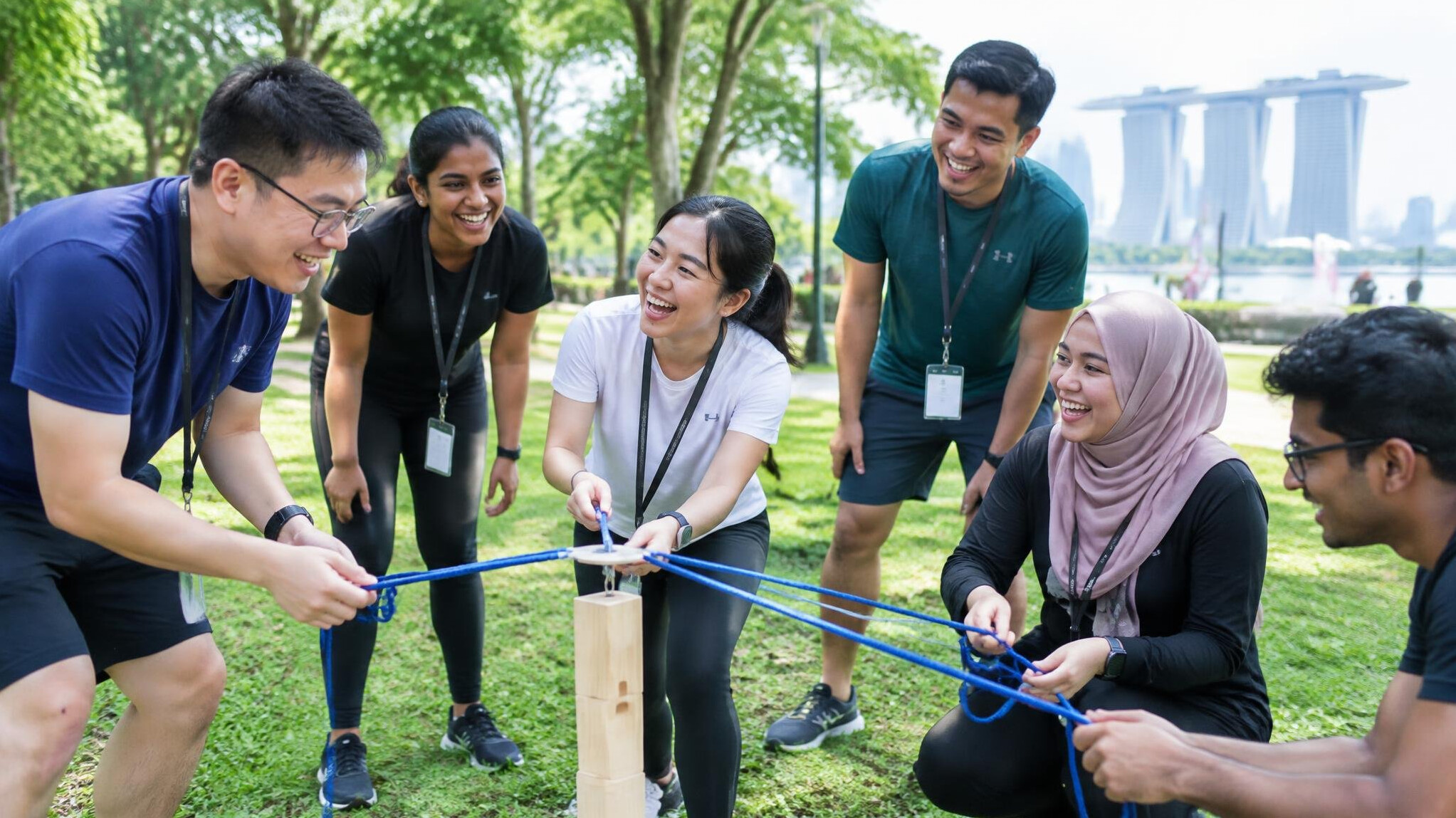 Diverse group of colleagues laughing together during an outdoor team building activity