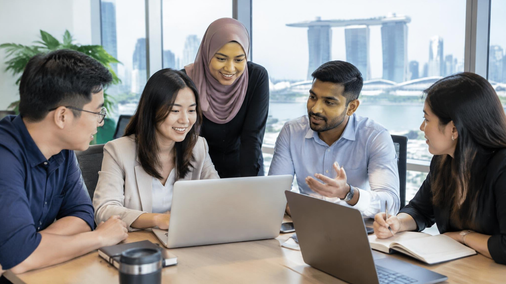 Diverse Singaporean office team collaborating around a table with laptops