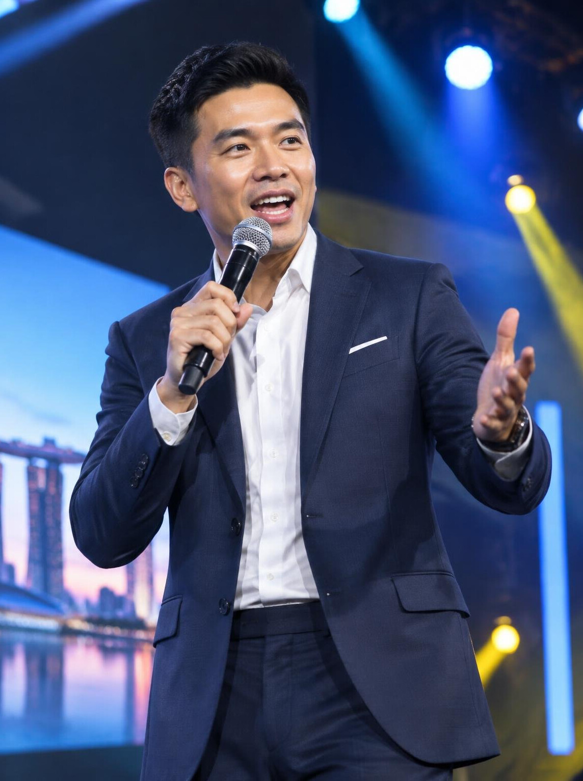 Emcee hosting a corporate stage event with microphone