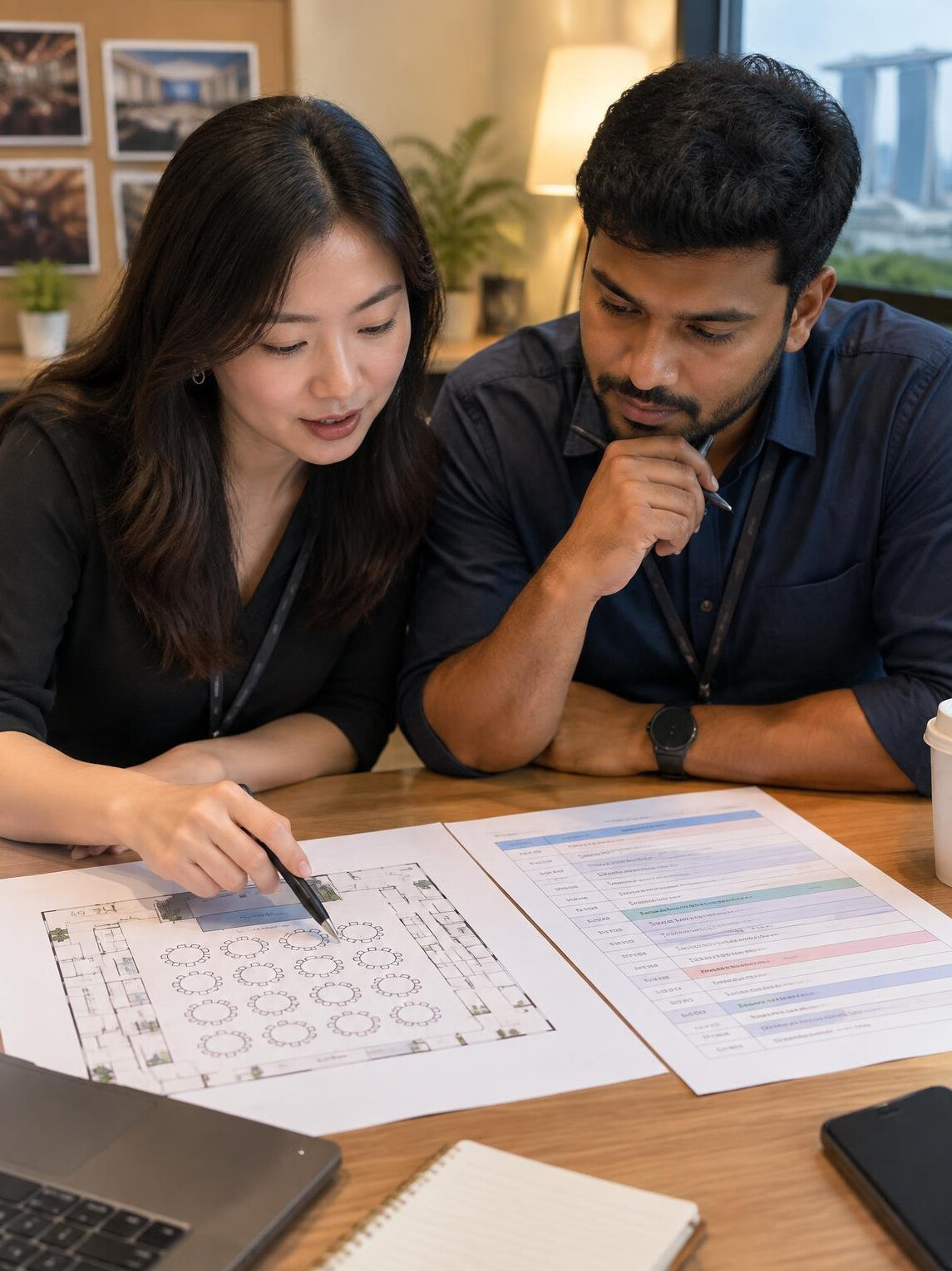Event planners reviewing a floor plan and schedule at a desk