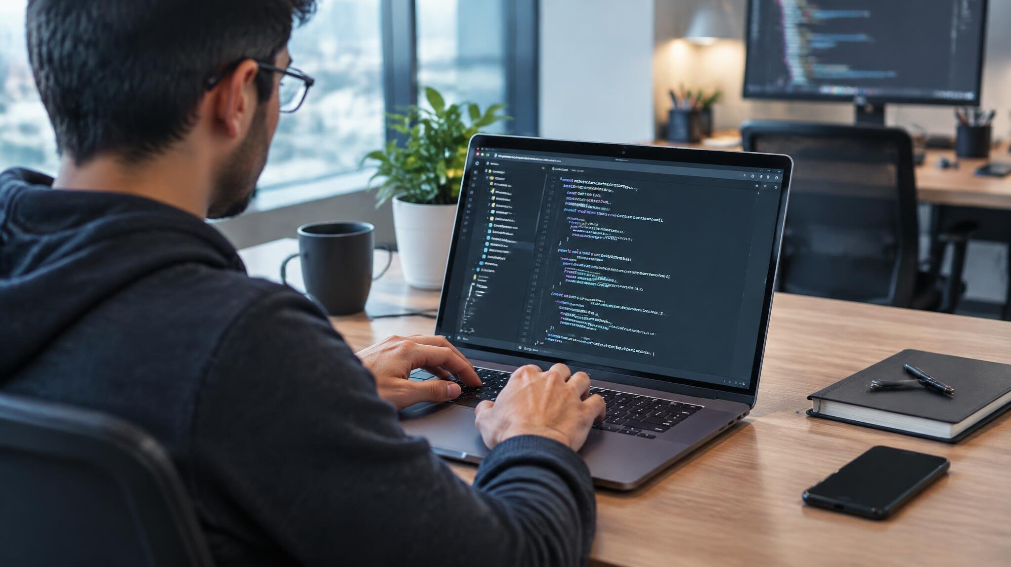 programmer writing code on laptop